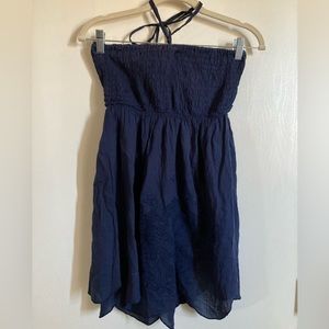 🌞Raviya Navy Elastic Bodice Halter Top Floral Design Mini Swim Cover Up A